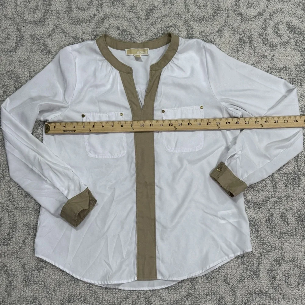 Michael Kors White Pullover V‎ Neck Blouse Pockets Women's Size Medium